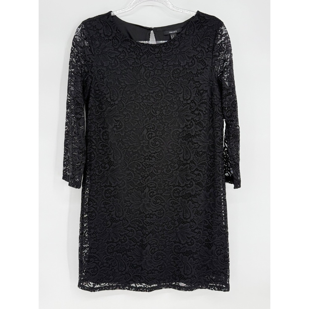 Forever 21 Womens Black Floral Lace 3/4 Sleeve Keyhole Back Shift Dress Sz M